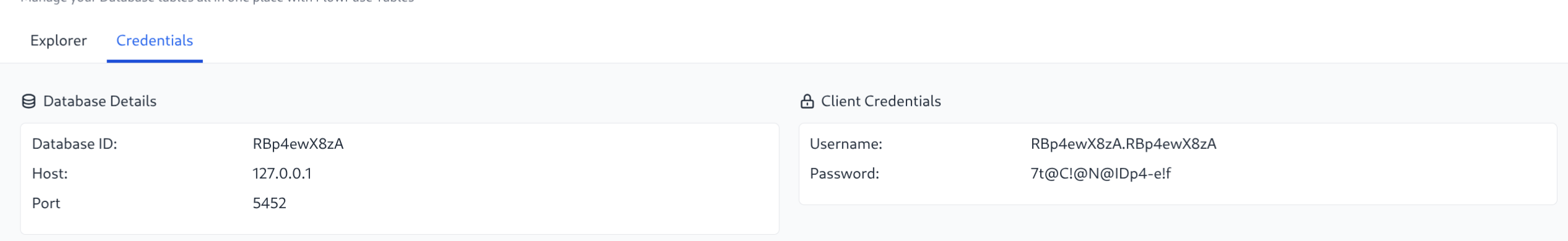 Screenshot of credentials