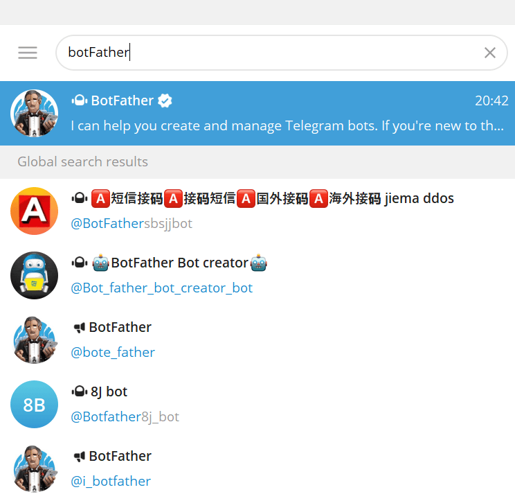 screenshot displaying searching for botFather bot for creating custom bot "screenshot displaying searching for botFather bot for creating custom bot"