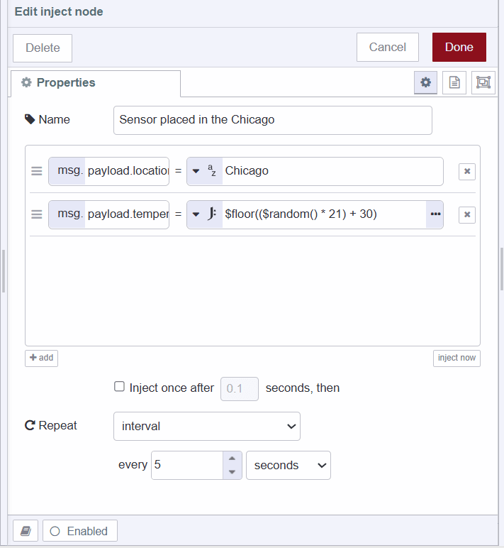 Screenshot of the inject node generating sensor data for new york city "Screenshot of the inject node generating sensor data for new york city"